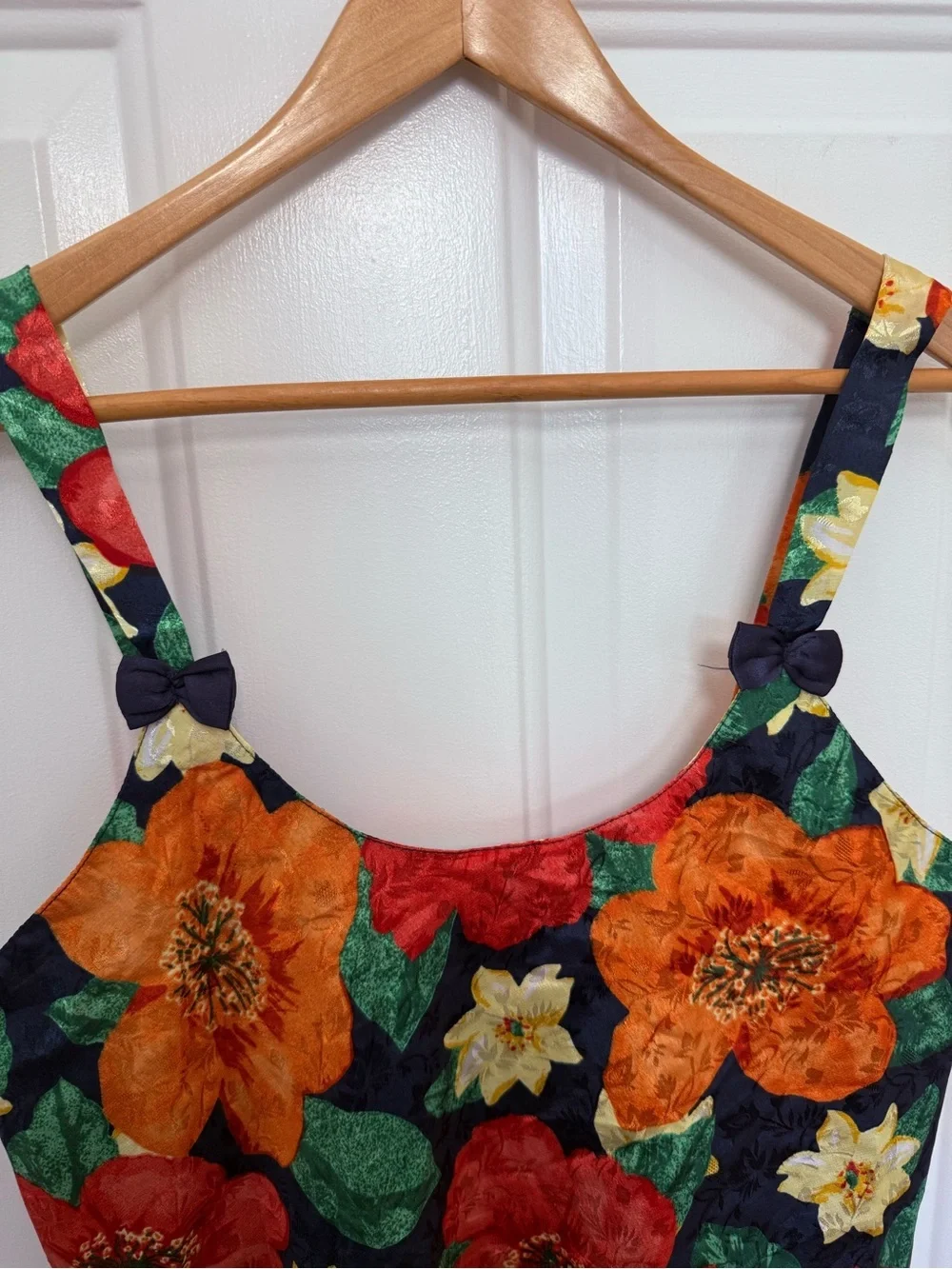 Vintage Vibrant Floral Night Dress M Bow Detail Coquette Girl Tropical